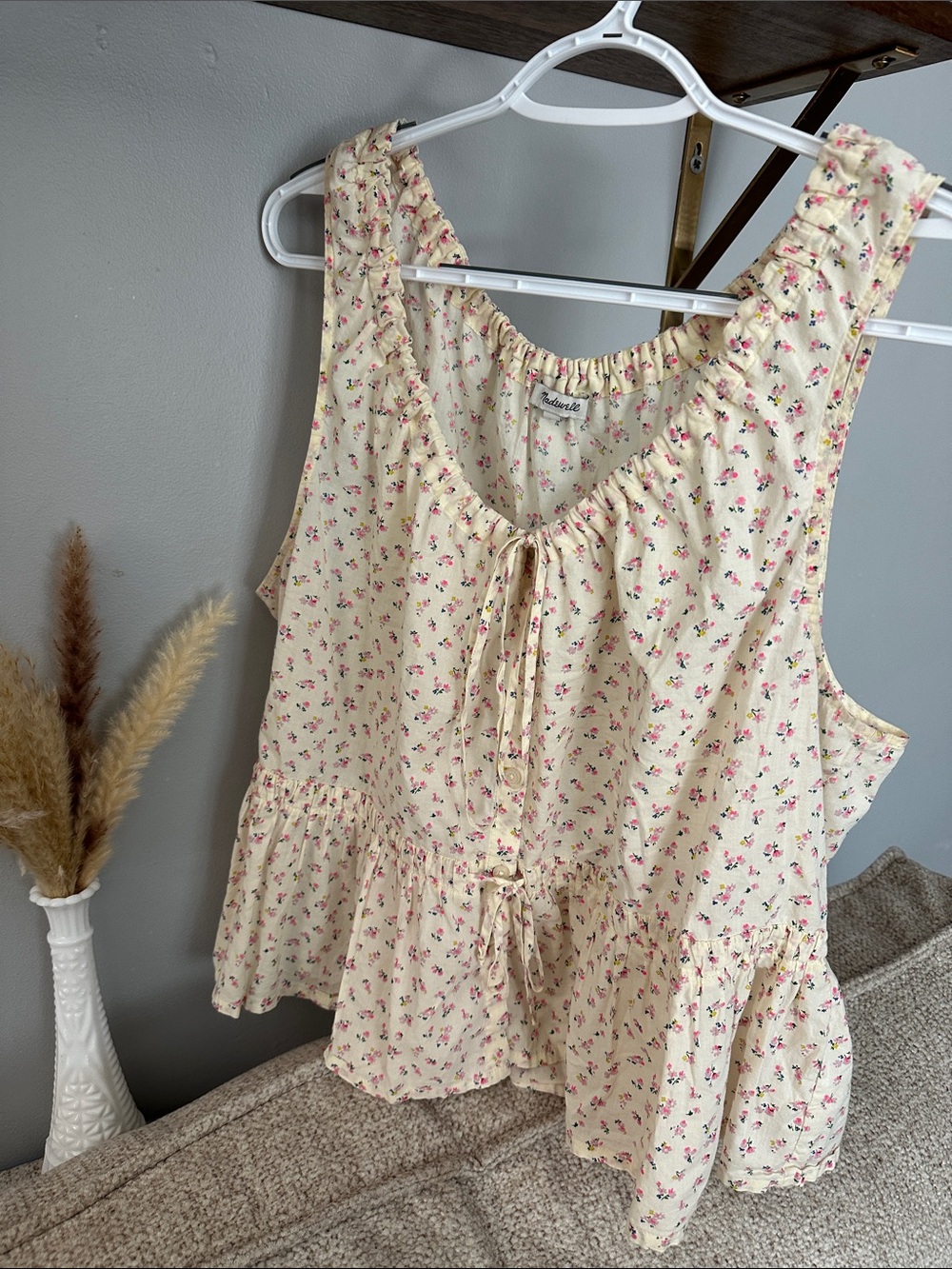 Madewell Cream Tank Top with Pink Floral Ruffle & Tie Front
